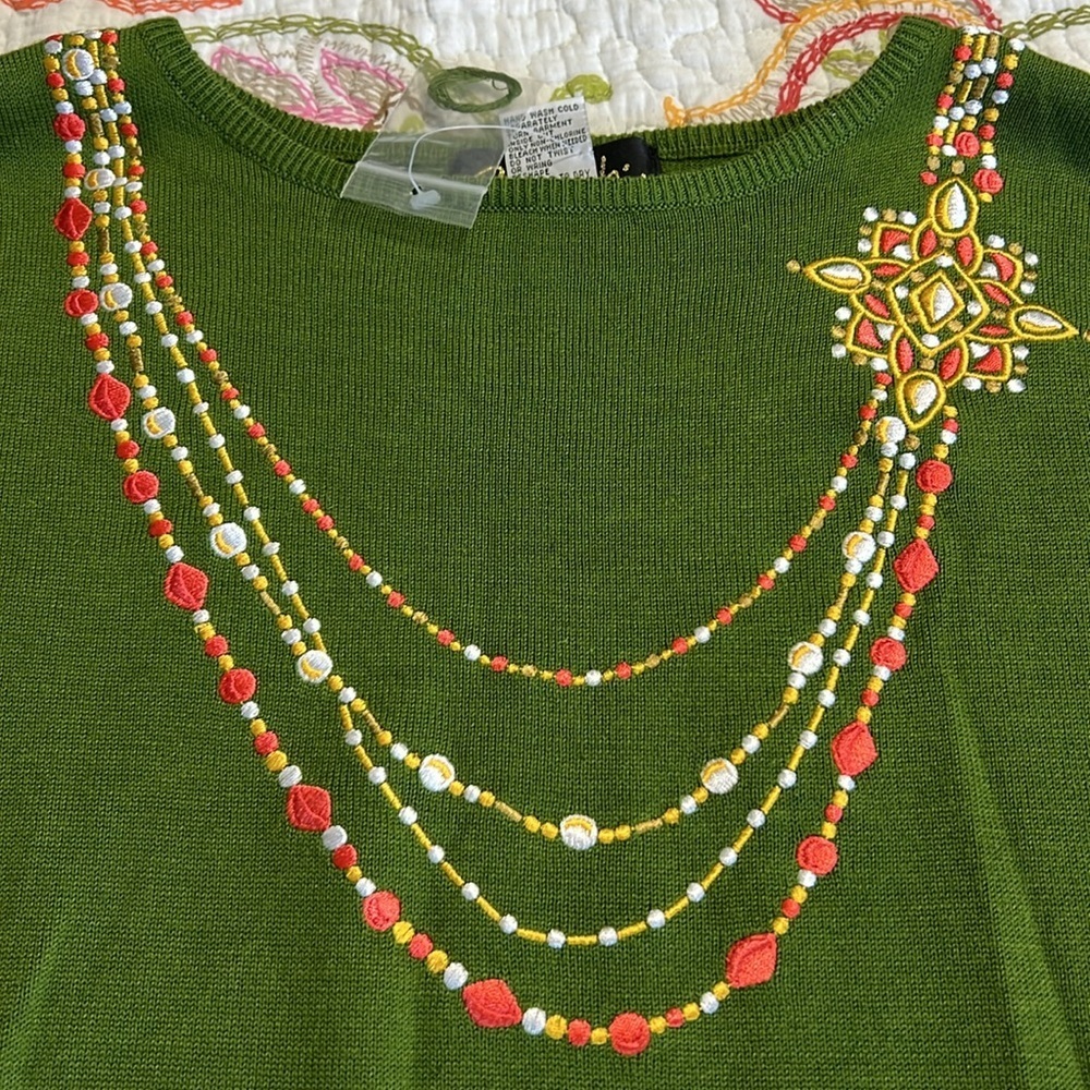 Bob Mackie women’s small wearable art sweatshirt green embroidered necklace knit - Picture 3 of 11